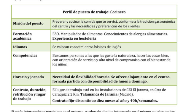 Oferta Empleo: Cocinero Centro Educativo Internacional CEI EL Jarama