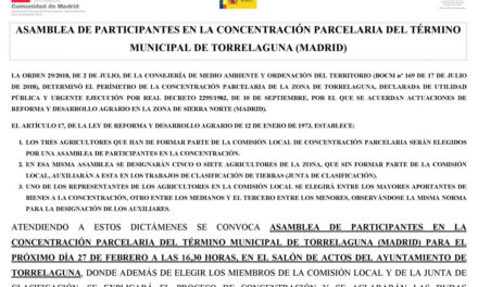 Aviso de celebración de Asamblea de participantes de la concentración parcelaria de Torrelaguna