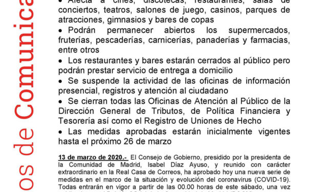 La Comunidad de Madrid ordena el cierre de los establecimientos y comercios, excepto de alimentación y primera necesidad