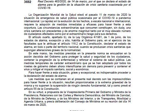 Real Decreto 463/2020, de 14 de marzo, por el que se declara el estado de  alarma para la gestión de la situación de crisis sanitaria ocasionada por el  COVID-19