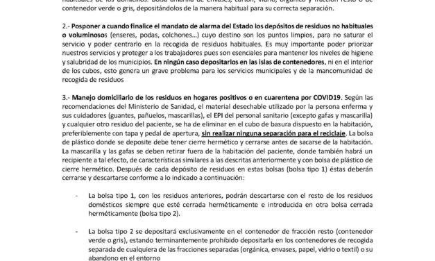 MANIPULACION Y DEPÓSITO DE RESIDUOS URBANOS MIENTRAS DURE LA ALARMA NACIONAL POR COVID19