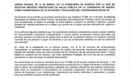 Orden 362/2020 de la Consejería de Sanidad por la que se adoptan medidas preventivas como consecuencia de la situación y evolución del Coronavirus (COVID-19)