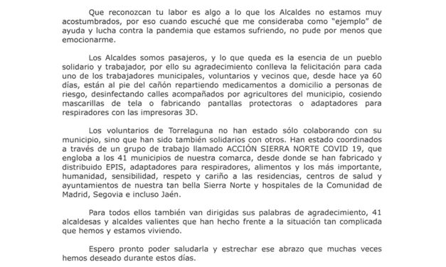 Carta abierta del Alcalde-Presidente de la Villa de Torrelaguna, D. Eduardo Burgos, a la Presidenta de la Comunidad de Madrid Dª Isabel Díaz Ayuso