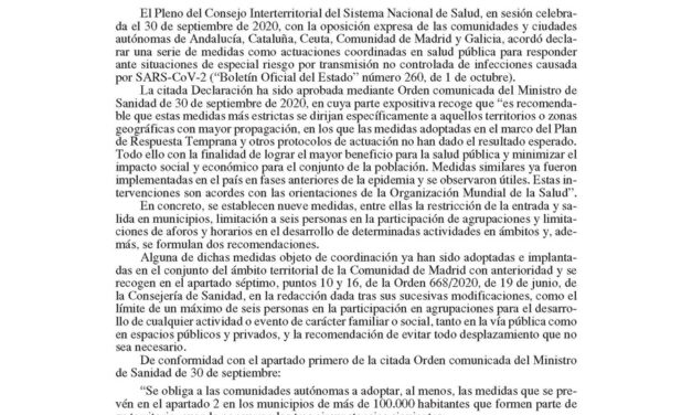 La ORDEN 1273/2020, de 1 de octubre, de la Consejería de Sanidad que  entra en vigor este viernes a las 22:00 horas NO cambia la situación en Torrelaguna.