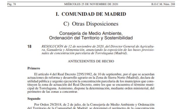 Se abre el periodo de encuesta de las bases provisionales de la Concentración Parcelaria de Torrelaguna (Madrid)