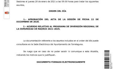 Convocatoria a la sesión extraordinaria del Pleno del Ayuntamiento, jueves 28 de enero de 2021 a las 09:00 horas