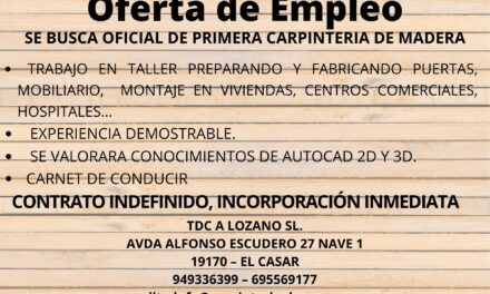 Oferta de empleo de Oficial Primera de Carpintería Madera en el Casar