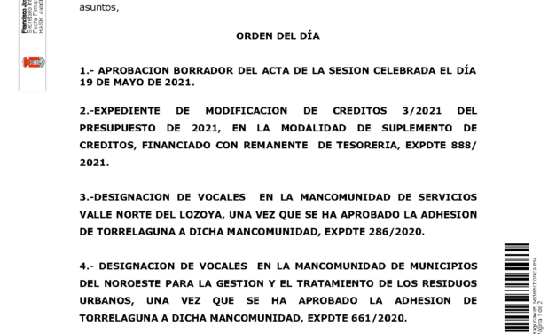 Convocatoria a pleno ordinario, miércoles 30 de junio de 2021