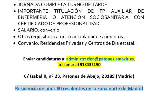 Oferta de trabajo en Residencia AMAVIR