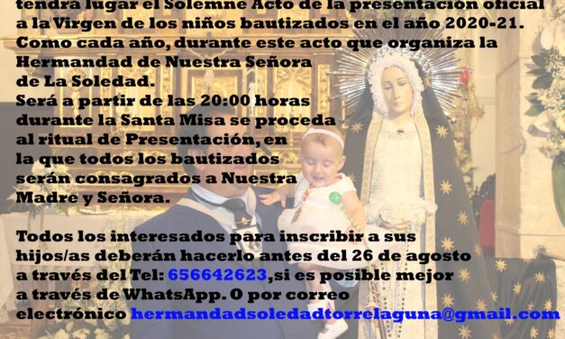 Invitación a la misa y a la presentación oficial a la Virgen de los niños bautizados