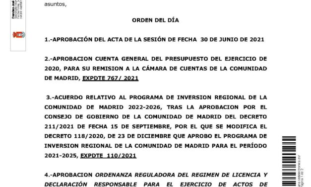 Convocatoria a pleno ordinario, miércoles 29 de septiembre de 2021