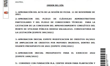 Convocatoria a pleno ordinario, miércoles 22 de diciembre de 2021