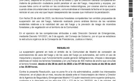 Resolución de la Comunidad de Madrid POR LA QUE SE SUSPENDE DE MANERA GENERAL LOS USOS DEL FUEGO Y USO DE MAQUINARIA Y EQUIPOS CUYO FUNCIONAMIENTO PUEDA GENERAR DEFLAGRACIONES, CHISPAS O DESCARGAS ELÉCTRICAS