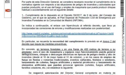 Recordatorio de la normativa vigente con respecto a las situaciones de peligro de incendios y actividades que puedan producirlo