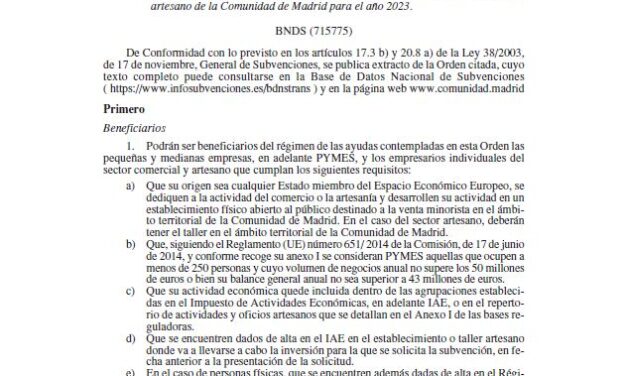 Convocatoria de ayudas a proyectos de inversión para la modernización, digitalización e innovación tecnológica de las pequeñas y medianas empresas y empresarios individuales del sector comercial y artesano de la Comunidad de Madrid para el año 2023