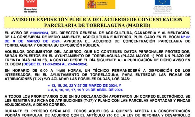 Exposición pública del acuerdo de concentración parcelaria de Torrelaguna