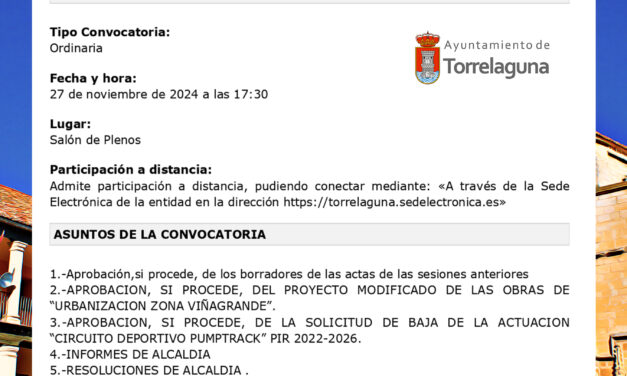 Convocatoria Pleno Ordinario Torrelaguna 27 de noviembre de 2024