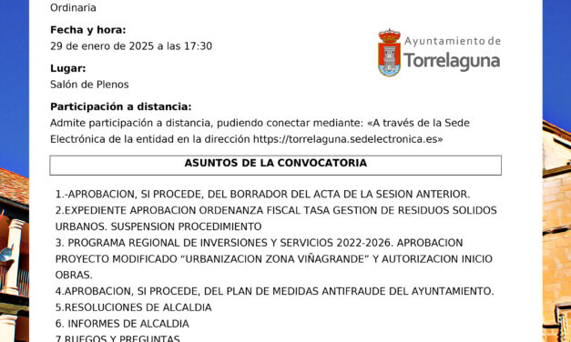 Convocatoria Pleno Ordinario Torrelaguna 29 de enero de 2025