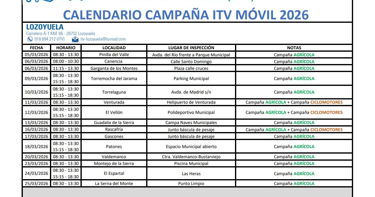 📅 Calendario Campaña ITV Móvil Agrícola 2026 en Lozoyuela